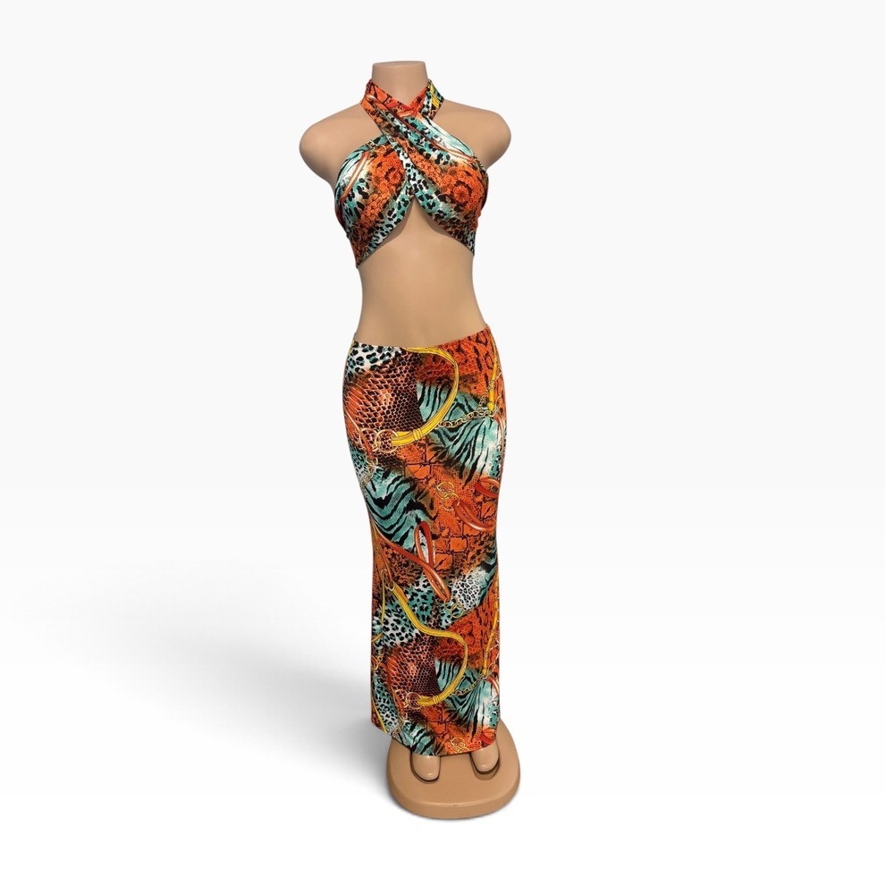 Fashion Nova Animal Print Halter Maxi Dress Orange Teal Cutout Snakeskin Medium